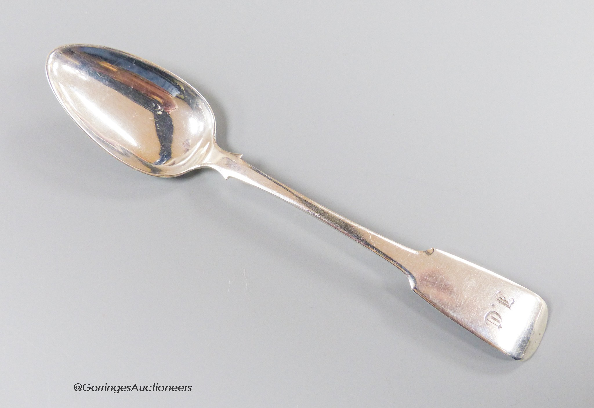 A 19th century Scottish provincial silver fiddle pattern teaspoons, possibly by Alexander Glenney, Stonehaven? c.1840, 14.5cm, 22n grams.